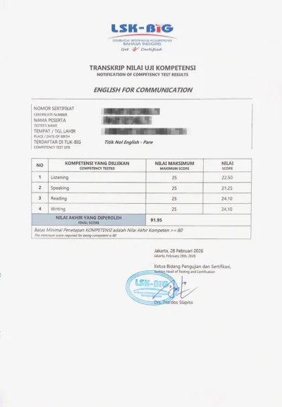 Contoh Sertifikat Kompetensi Belakang Program Sertifikasi Bahasa Inggris
