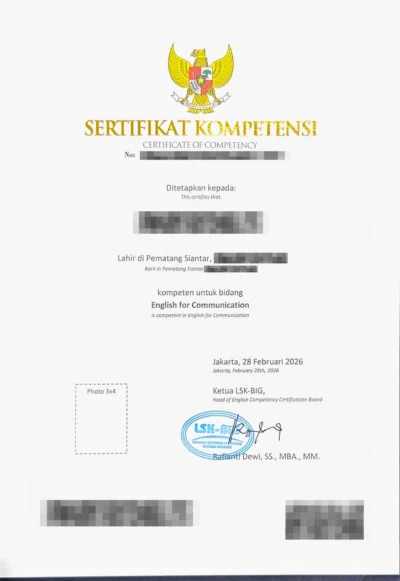 Contoh Sertifikat Kompetensi Depan Program Sertifikasi Bahasa Inggris