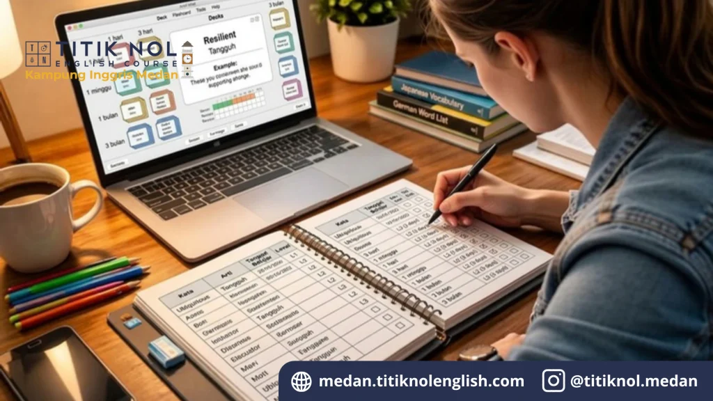 Metode spaced repetition untuk vocabulary bahasa Inggris dengan jadwal pengulangan dan aplikasi belajar kosakata.